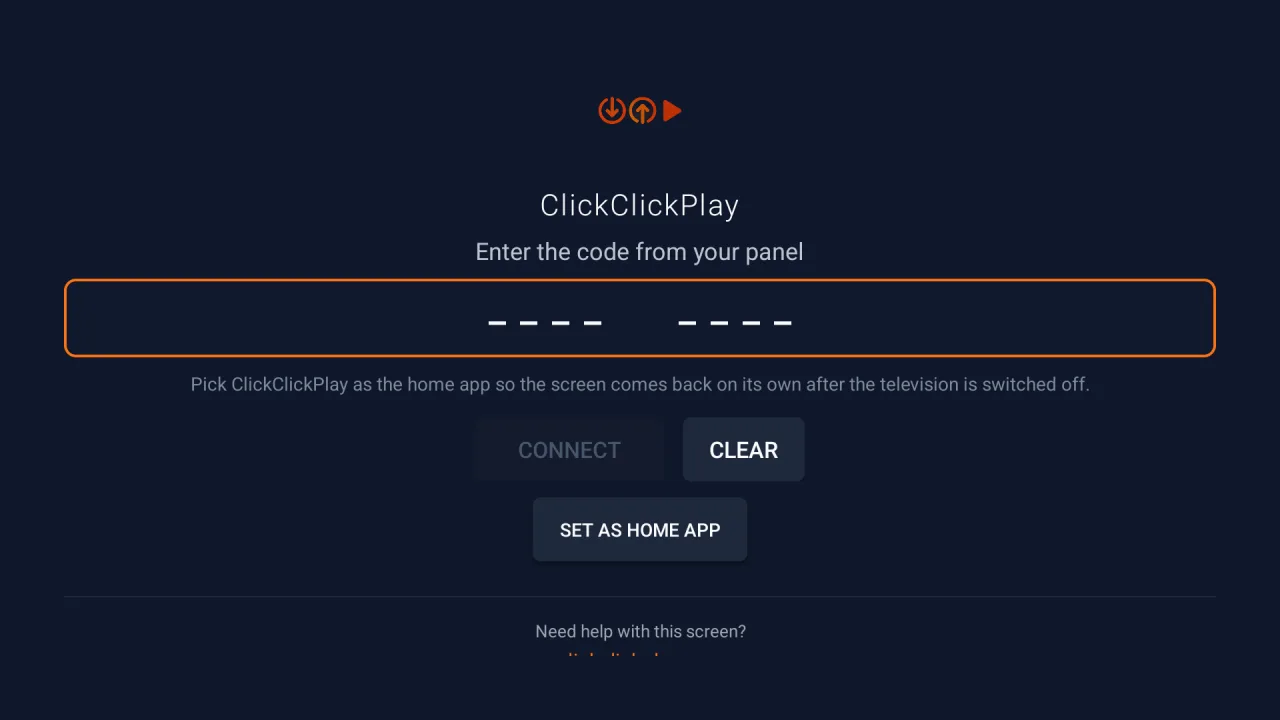 ClickClickPlay pairing screen on an Android TV, showing the eight-digit code entry with Connect and Set as home app buttons