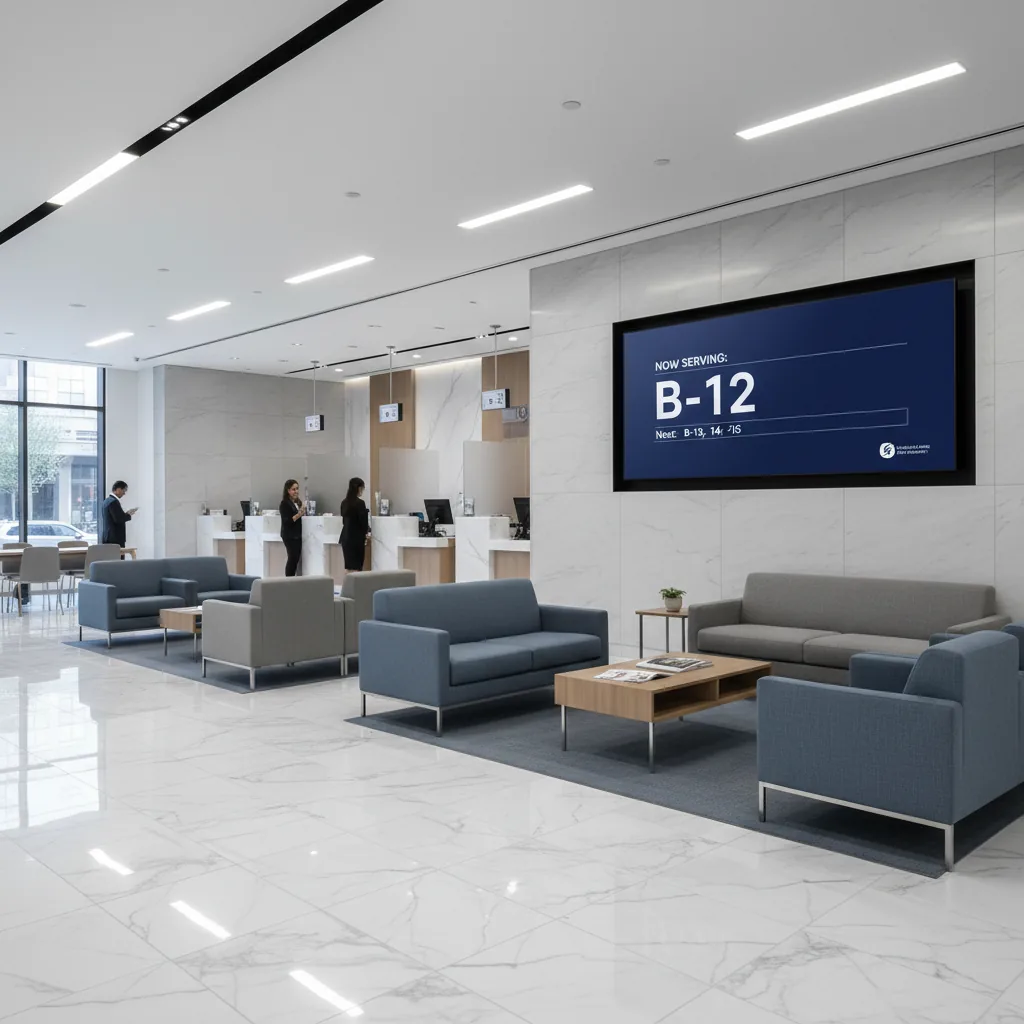 Digital queue screen in bank waiting area