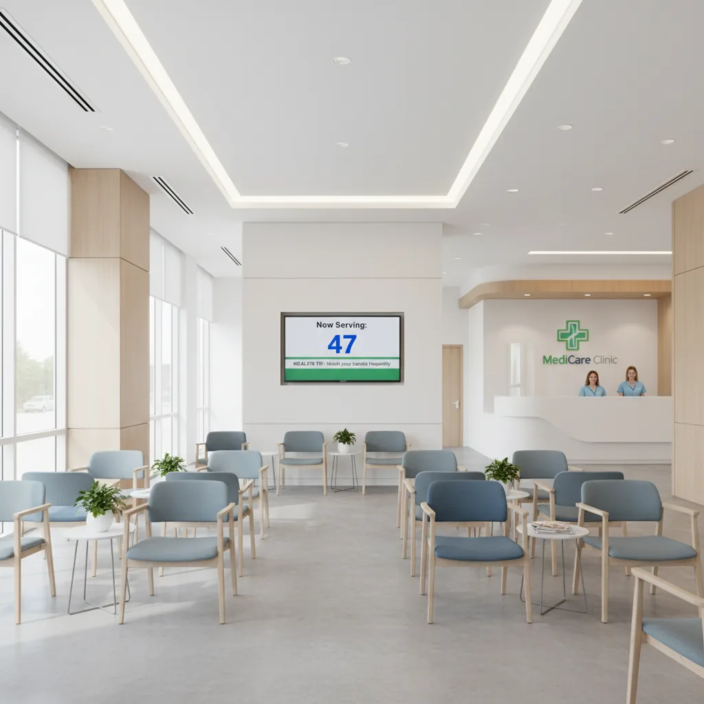 Digital waiting room screen in medical clinic showing queue numbers