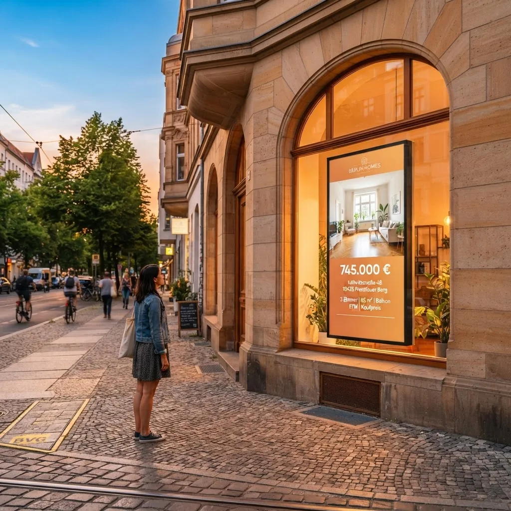 Berlin estate agency window with a vertical digital screen showing one property listing clearly