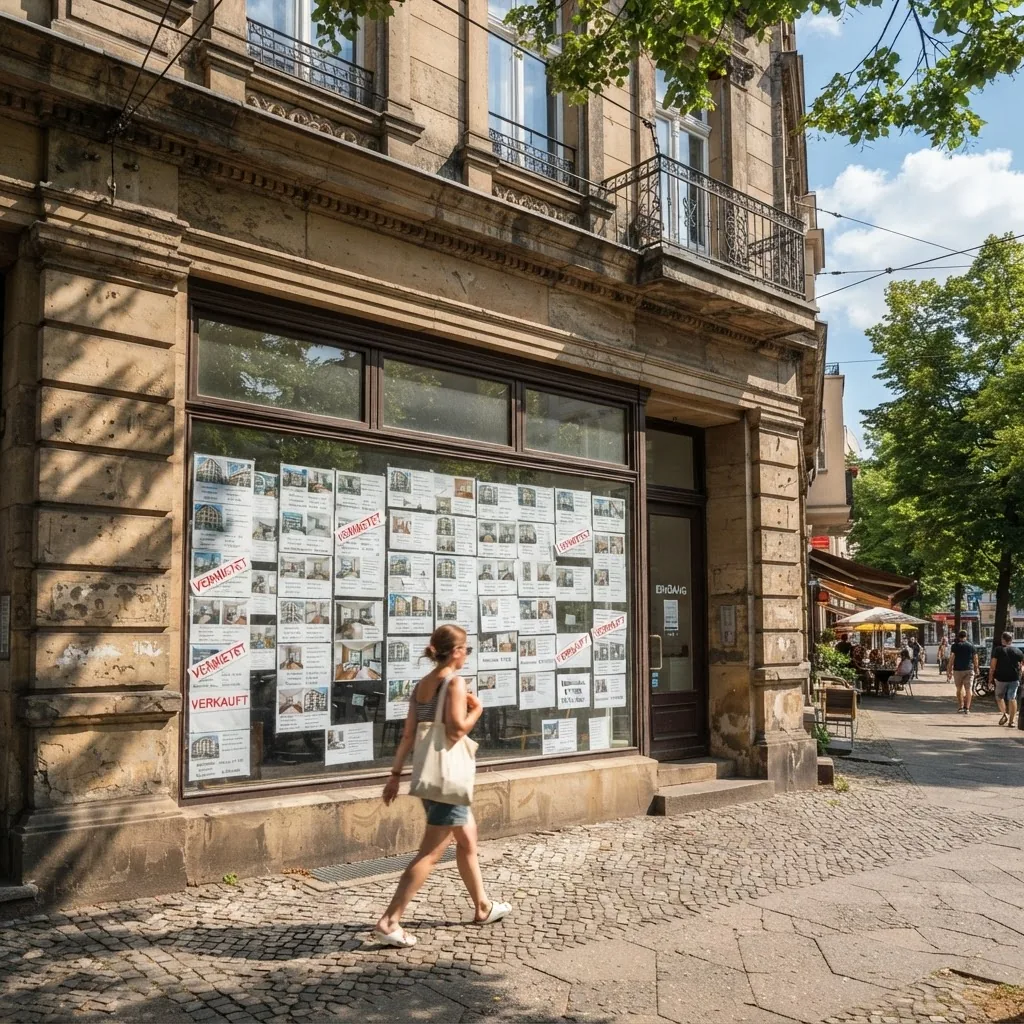 Berlin estate agency window covered in A4 printed property sheets - unreadable from the street