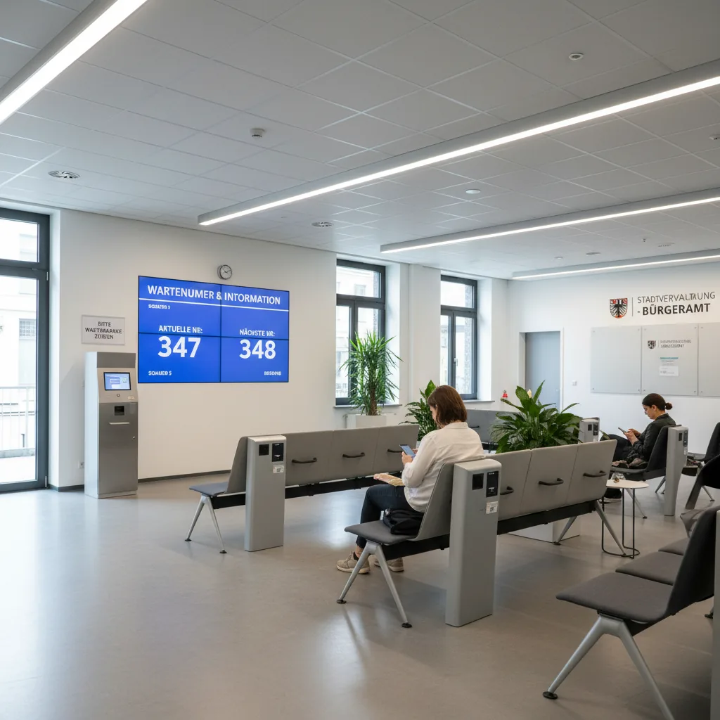 Digital display screen in government service office waiting room
