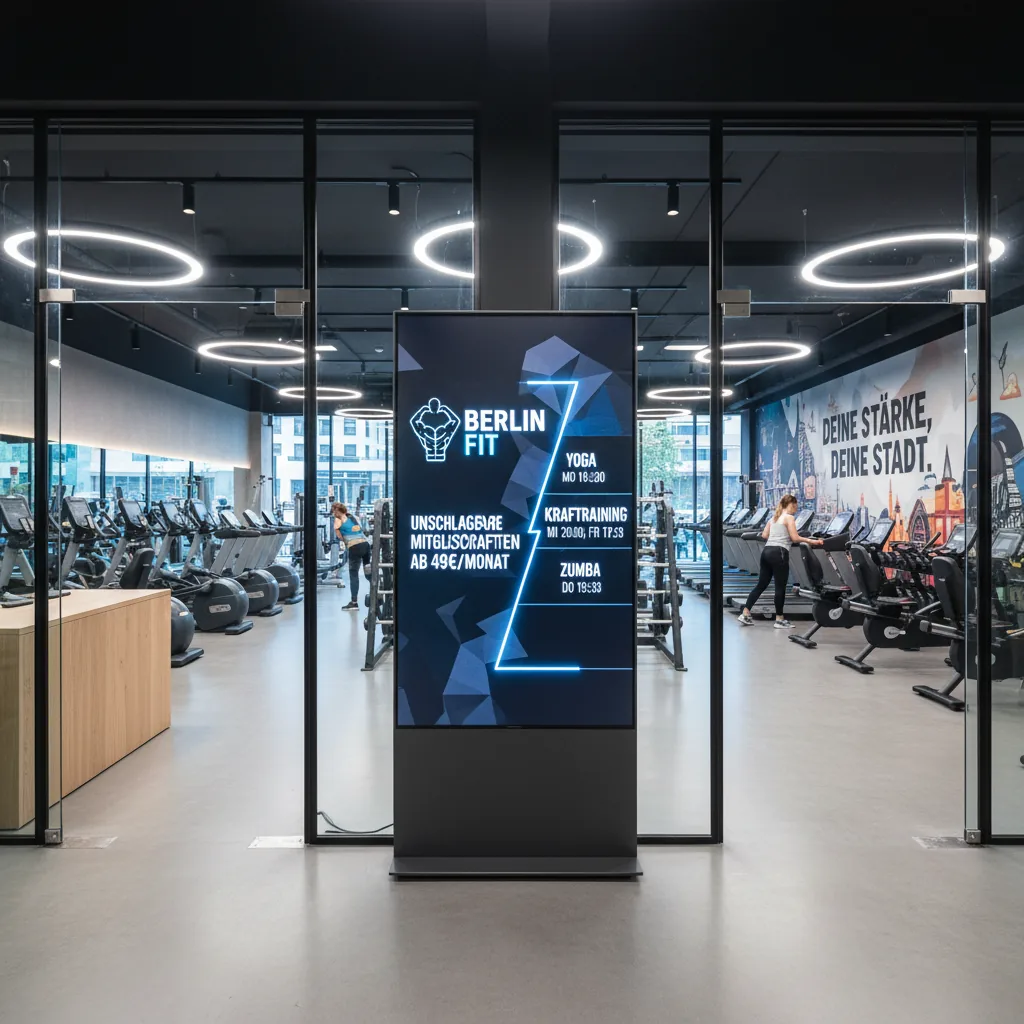 Gym entrance digital display with membership offers