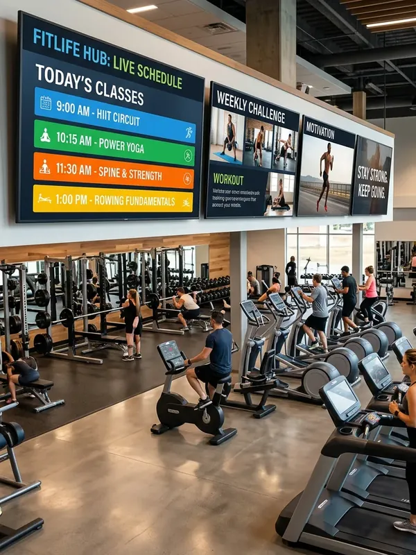 Illustration: class schedule screens above the training floor of a gym
