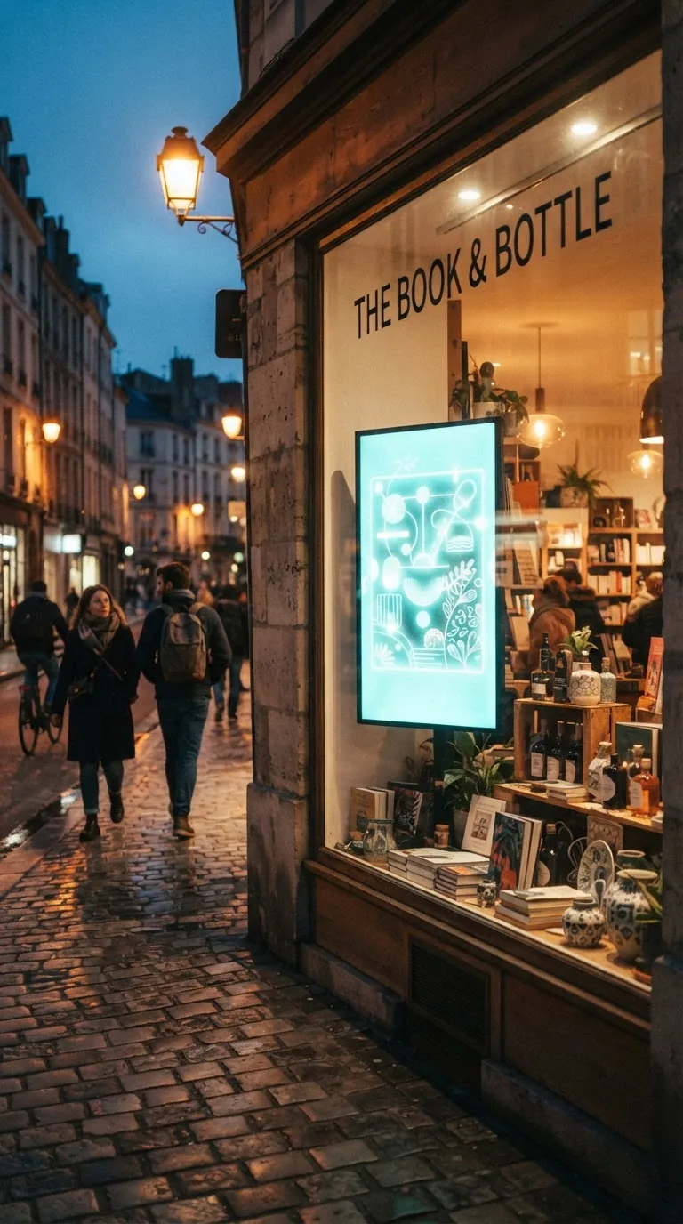 Vertical digital signage screen glowing in a street-facing shop window at dusk