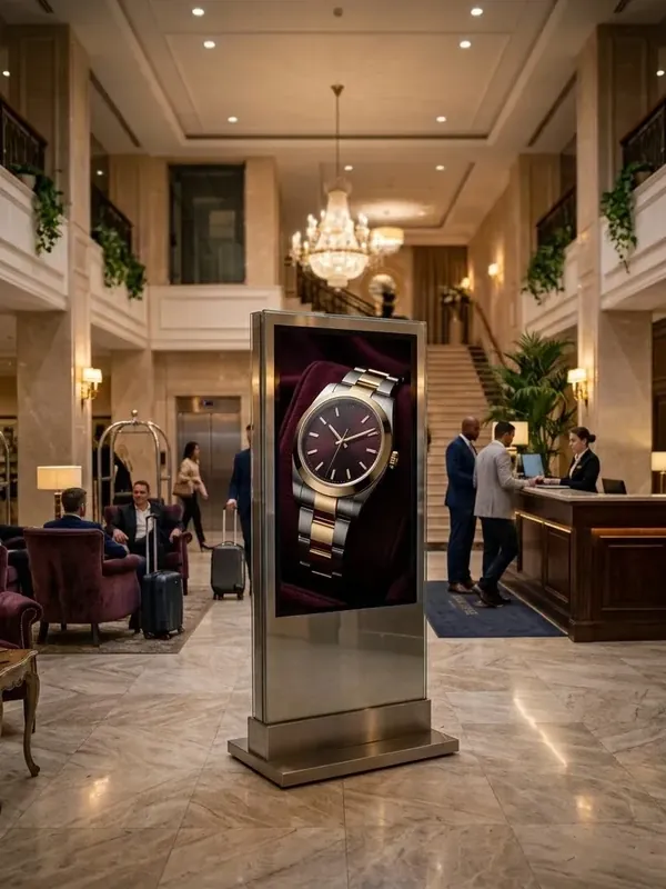 Illustration: a floor-standing screen in a hotel lobby showing a watch ad