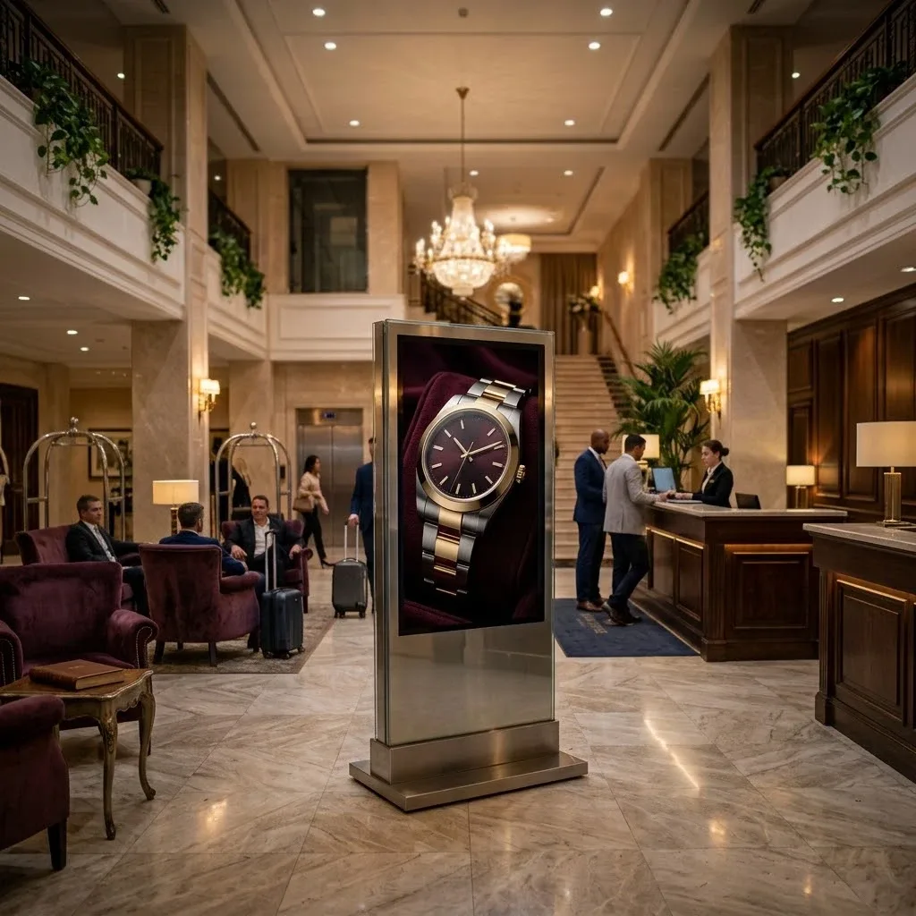 Illustration: a floor-standing screen in a hotel lobby showing a watch ad