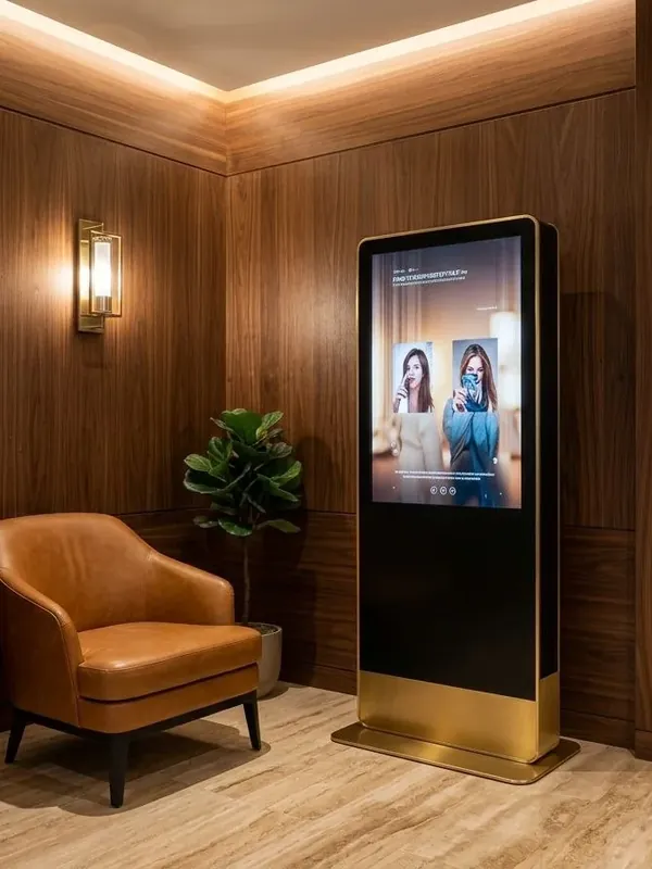 Illustration: a floor-standing screen beside an armchair in a wood-panelled hotel lobby