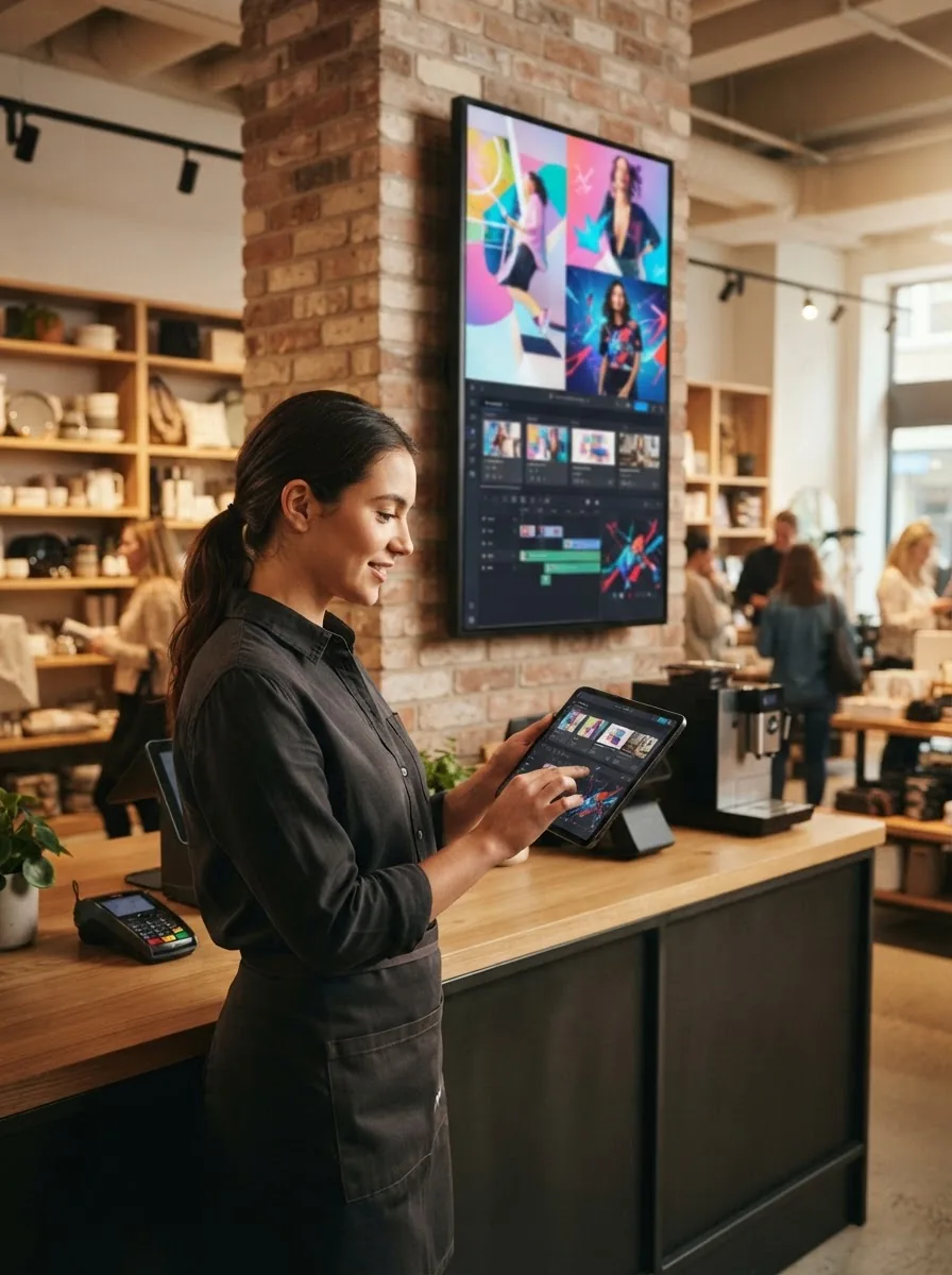 Staff member configuring digital signage from a tablet behind the store counter